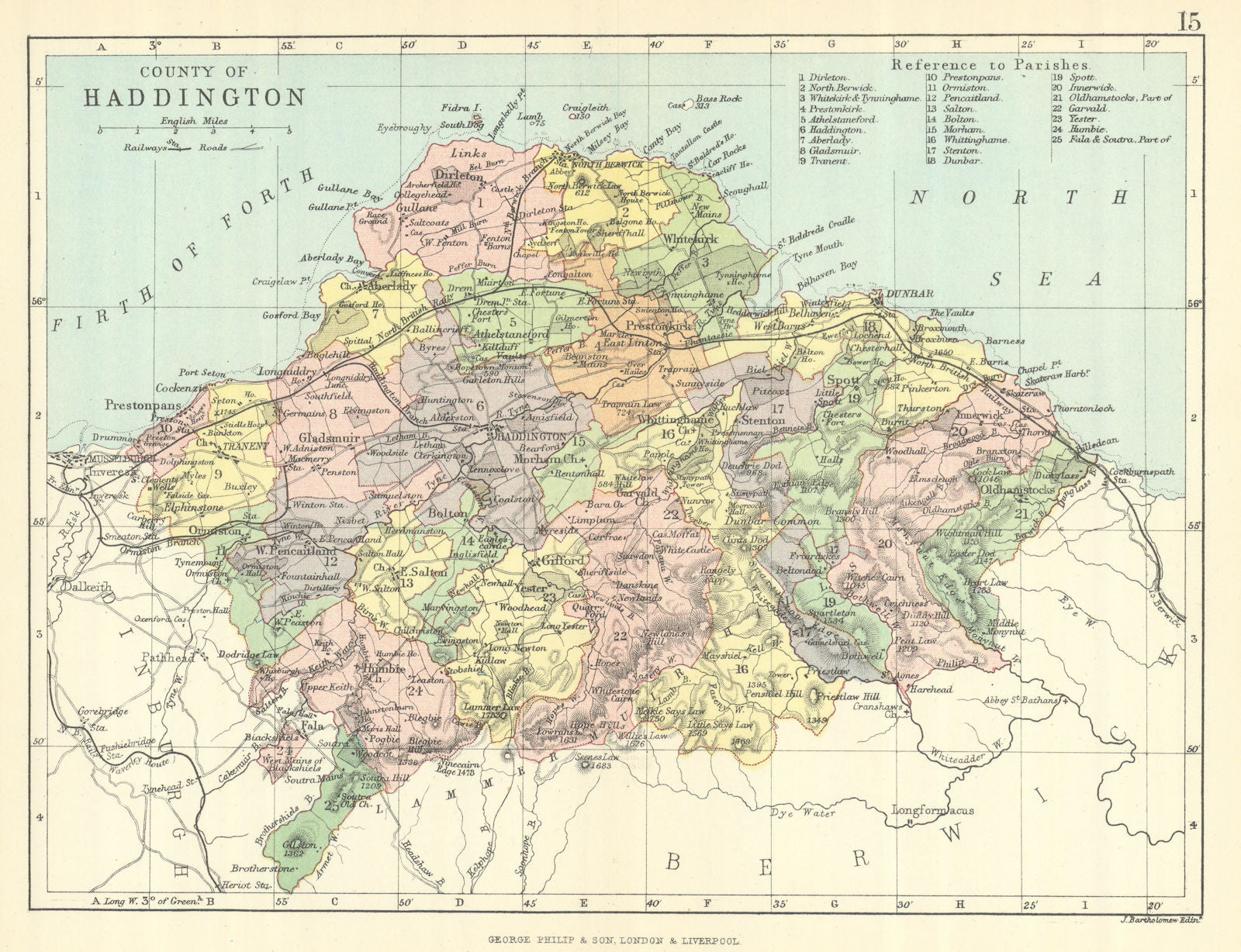'County of Haddington'. Haddingtonshire. Parishes. BARTHOLOMEW 1888 old map